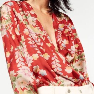 Zara Red Floral Blouse. Silky Bodysuit